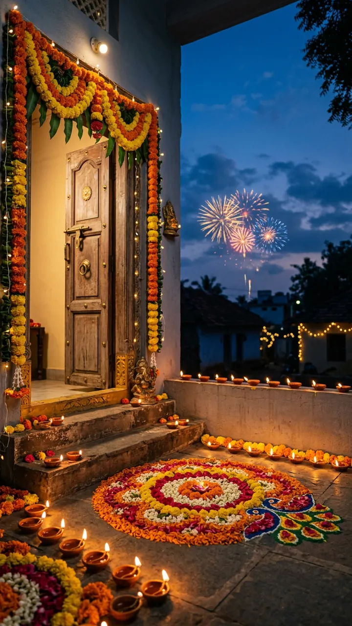 A doorway decorated for Diwali with marigold garlands, a flower rangoli, rows of clay diyas and fireworks in the evening sky